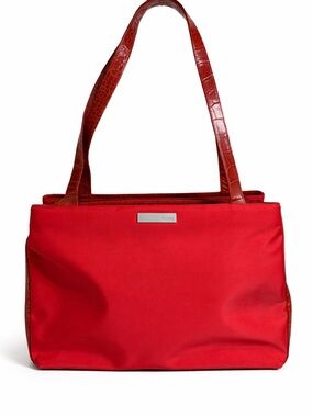 Gianni Versace Red Nylon Tote Bag Croc Leather Straps Made In Italy